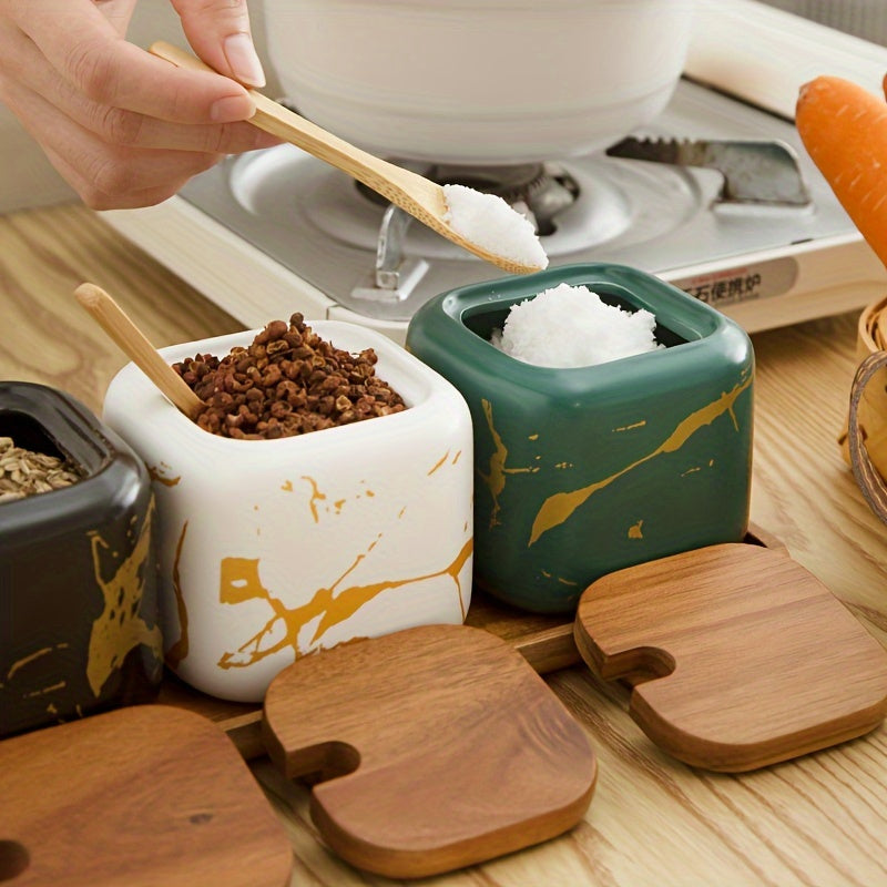 Sophisticated Ceramic Spice Set featuring Salt, Pepper, and Spice Jars with Wooden Lids - Ideal for Enhancing Your Kitchen Décor