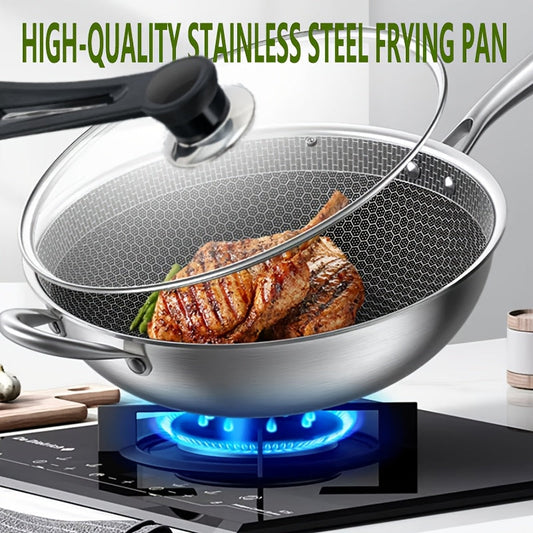 Stainless Steel Wok Pan with Glass Lid - Non-Stick, Easy to Clean, Suitable for Induction & Gas - Hand Wash Only - Includes Lid - Perfect for Cooking Fish, Eggs, Steak - Must-Have Kitchen Item