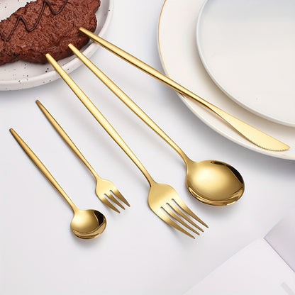 Set of 20/30 stainless steel Portuguese tableware including steak knife, fork, spoon, tea spoon, fruit fork, and dessert spoon. Dishwasher safe and mirror polished, suitable for home, restaurant, hotel, party, or wedding.