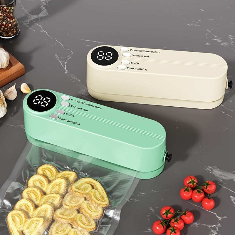 A convenient Portable Vacuum Sealer with Inflatable Pump that is Semi-Automatic and USB Rechargeable. Made from durable Plastic Material, it features a powerful 10W motor and a 1200mAh Lithium Battery for efficient Food Preservation.