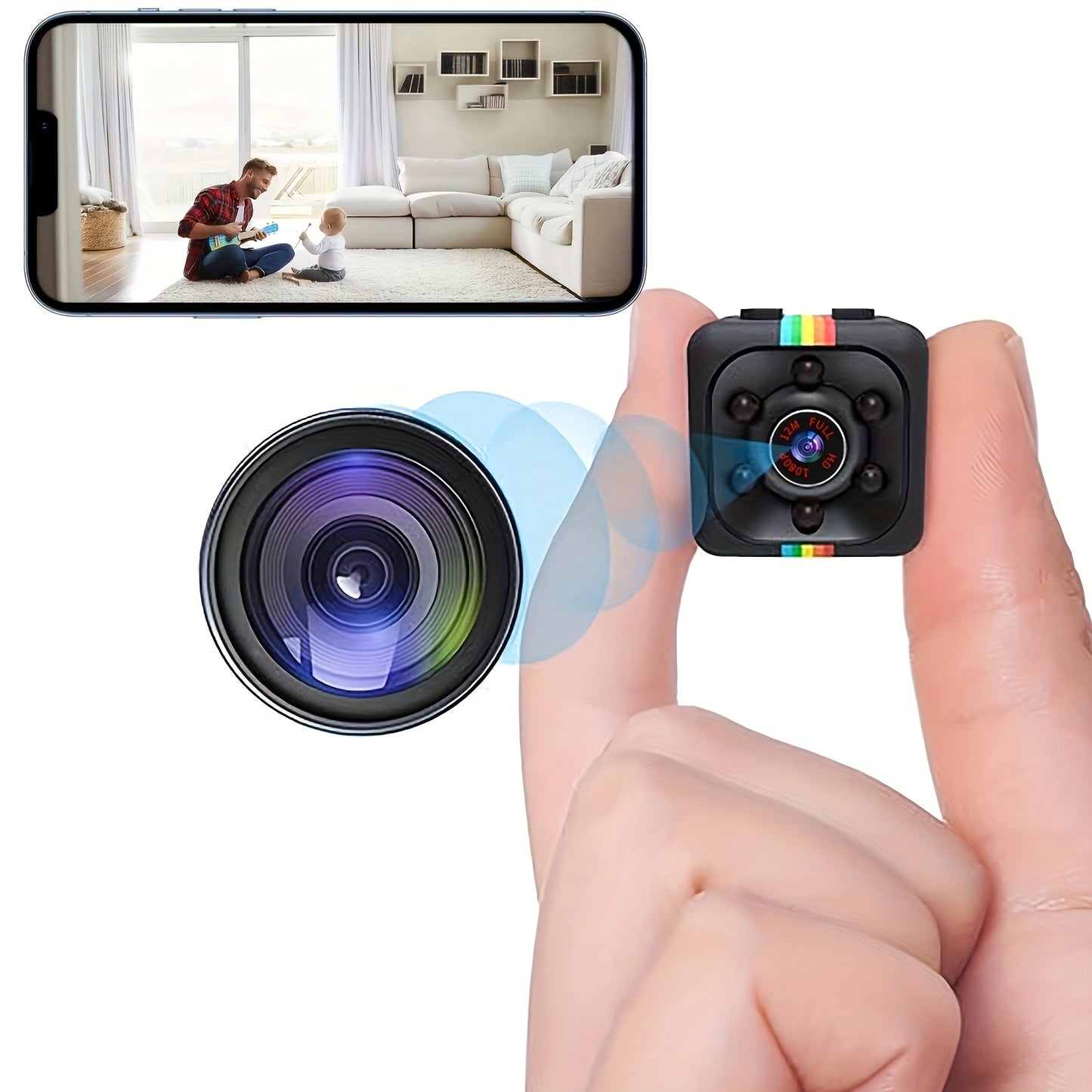 Compact camera with high-definition audio and video recording, night vision, motion detection; serves as a surveillance device, small pet monitoring camera, nanny camera, baby monitor, and