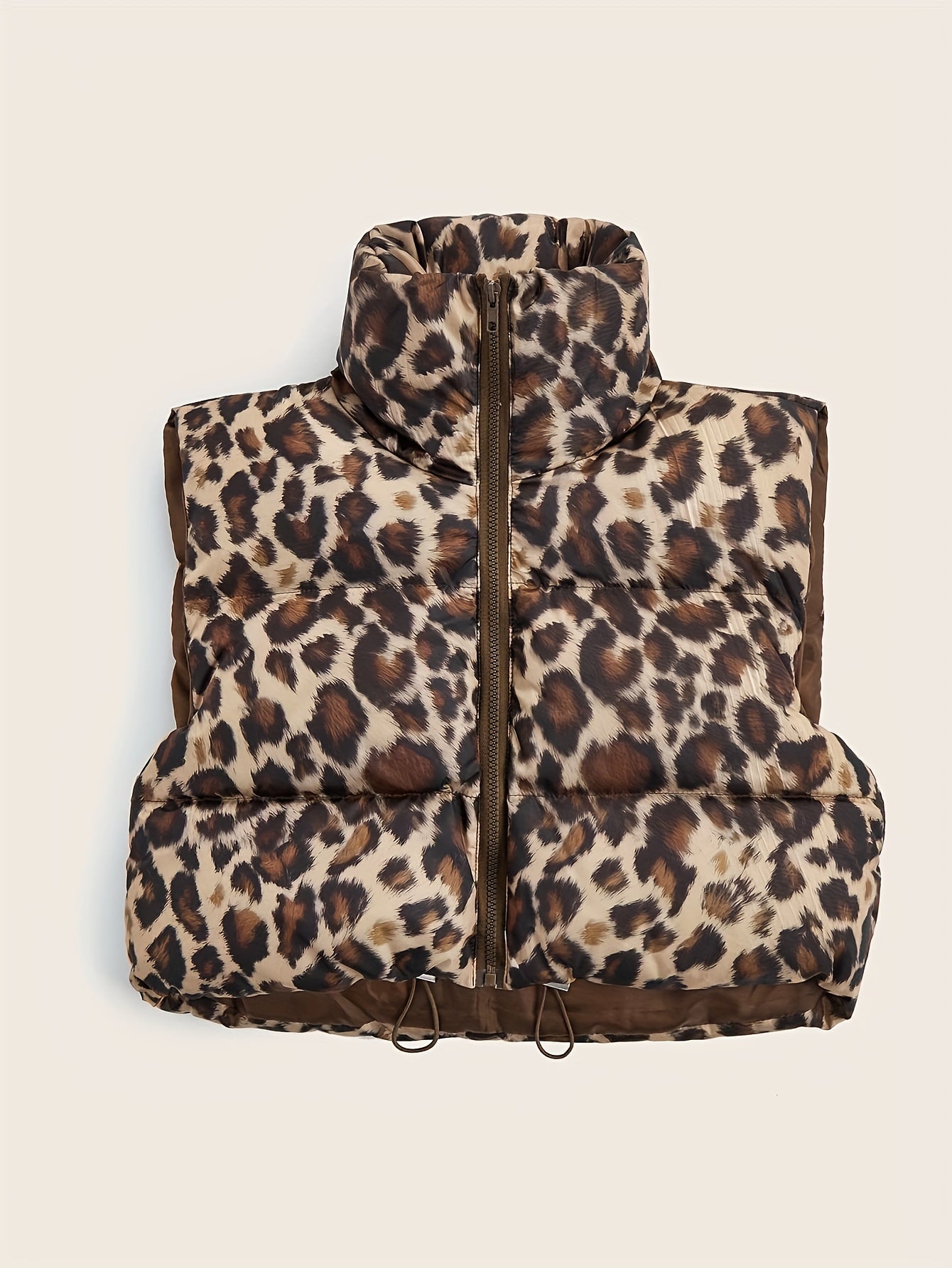 Women's leopard print padded coat with high neck drawstring, made of 100% polyester woven fabric for fall/winter outerwear.