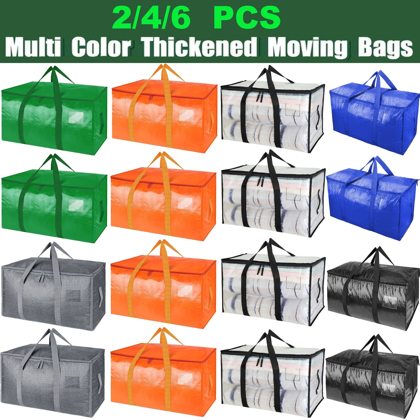 Extra Large Moving Bags with Zippers, Carrying Handles, Heavy-Duty Storage - Pack of 2/4/6. Perfect for organizing and saving space in your bedroom, home, closet, or wardrobe.