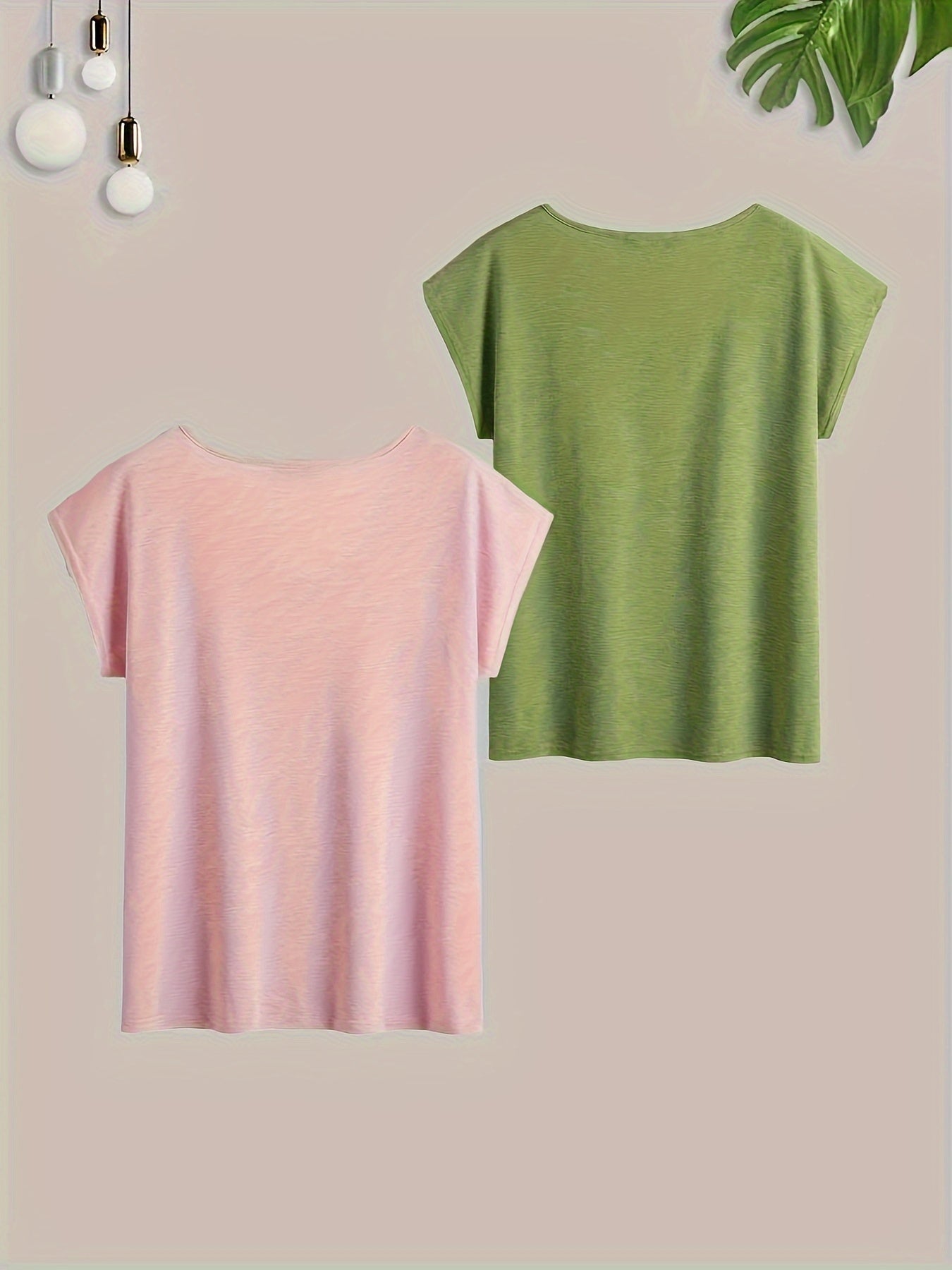 2 Women's V-Neck T-Shirts in Pink & Green - Short Sleeve, Breathable Rayon Blend with Floral & Geometric Patterns, Ideal for Spring/Summer Casual Wear|Relaxed Fit Tee