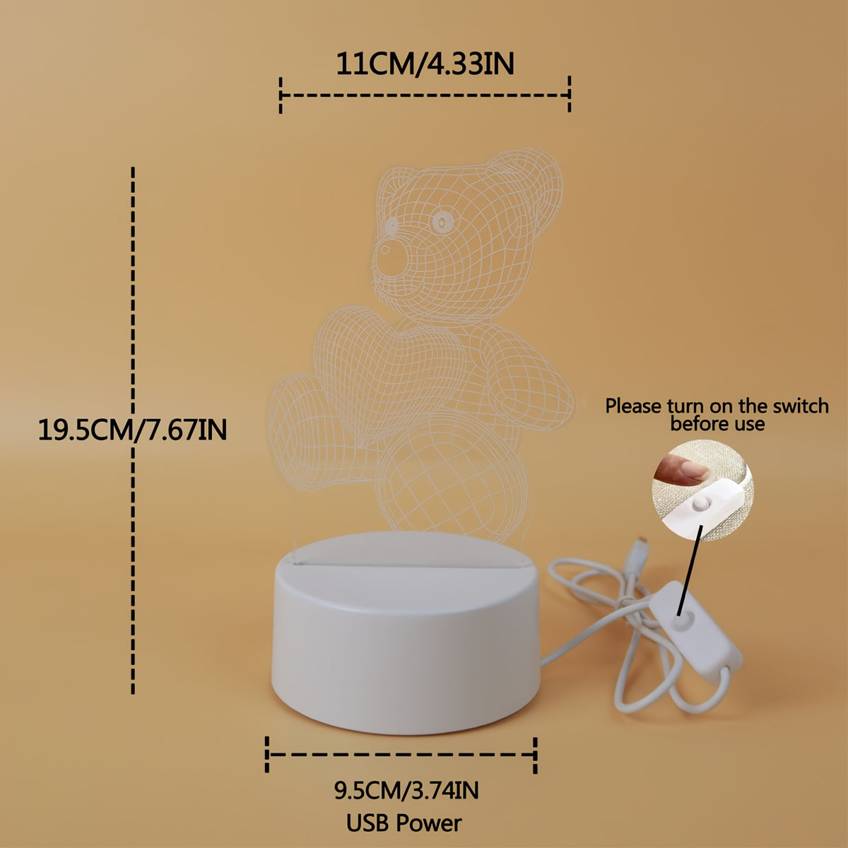 3D night light with pink heart bear design, USB powered, switch control, ideal for modern bedroom decor.