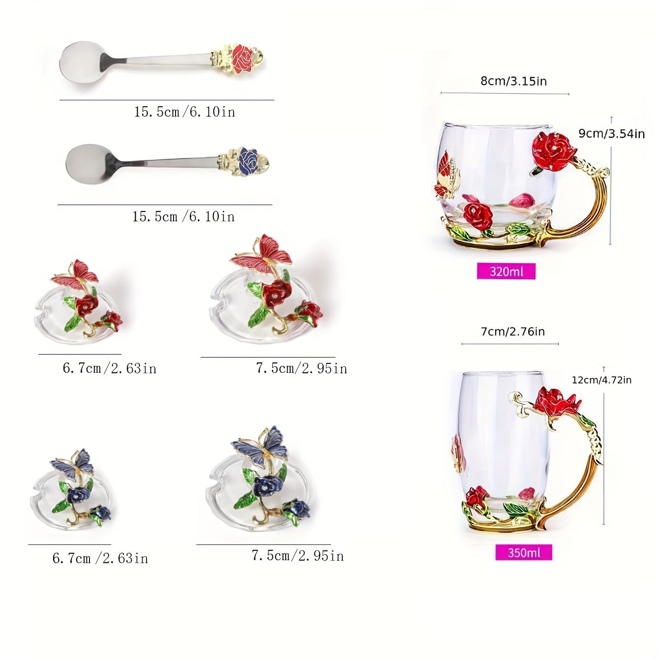 Rose enamel crystal tea cup featuring butterfly and rose design, heat resistant for coffee and water, perfect gift.