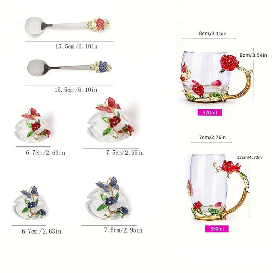 Rose enamel crystal tea cup featuring butterfly and rose design, heat resistant for coffee and water, perfect gift.