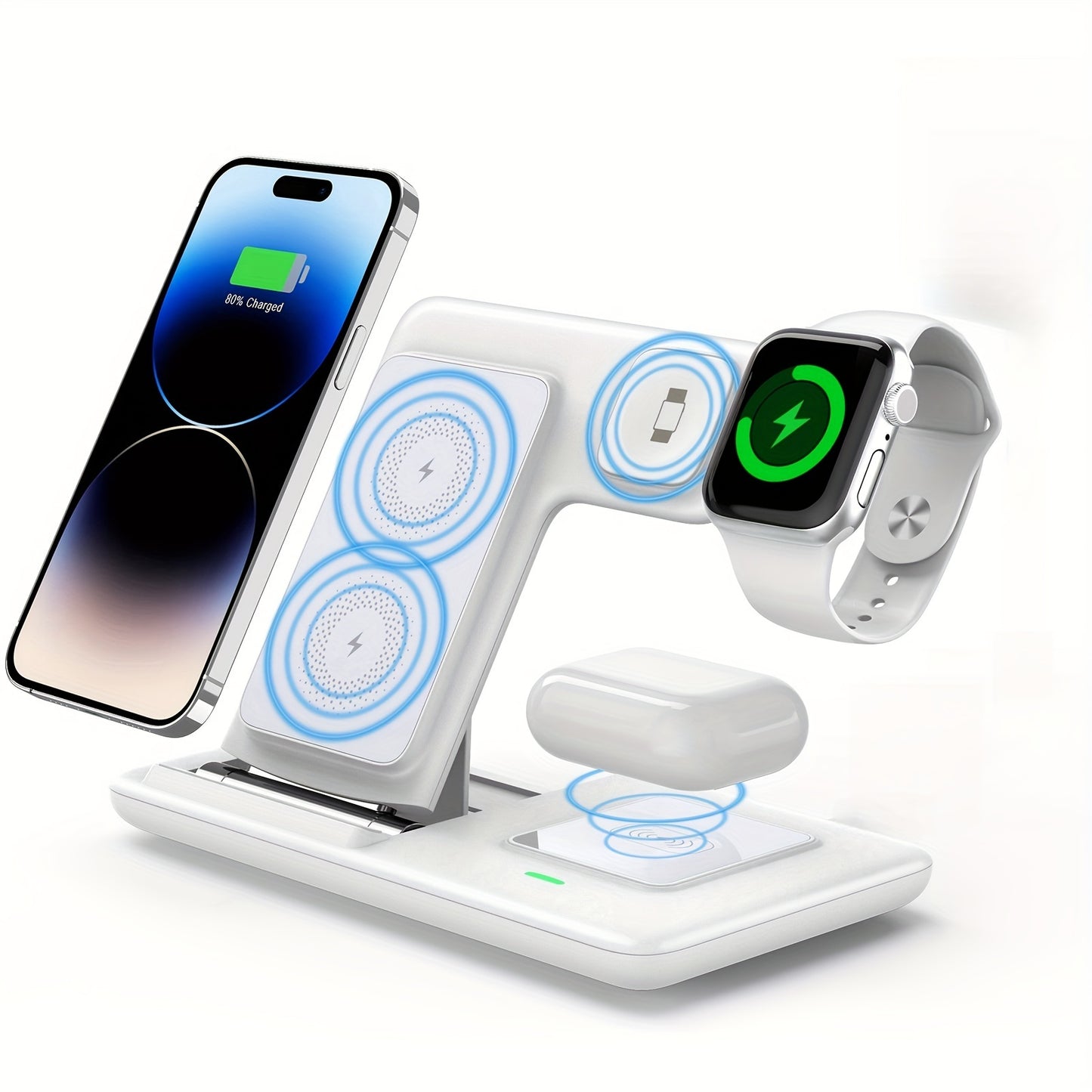 Folding wireless charger stand for Apple Watch, Airpods, and multiple devices with fast charging capability. Suitable for iPhone 14, 13, 11, and earlier models.