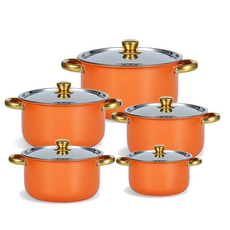 Set of 5 Vibrant Orange Stainless Steel Cookware with Lids - Includes Deep & Thick Soup Pots, Weighing 3.3kg, Suitable for All Stovetops, Perfect for New Year's & Carnival Festivities.