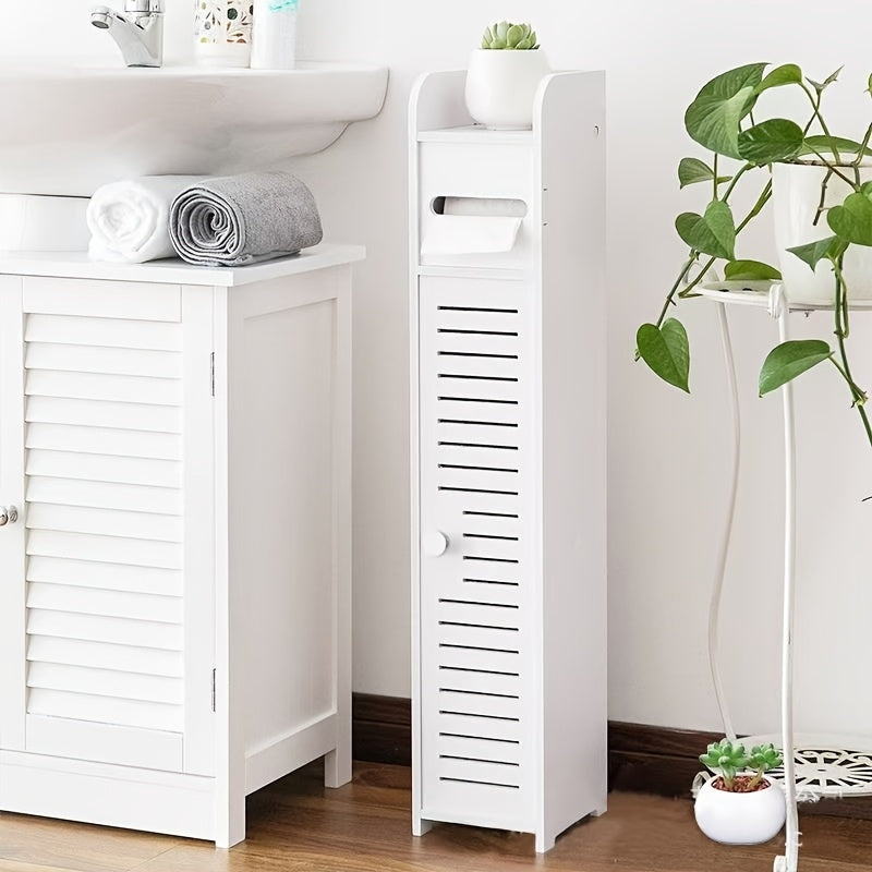 3-tier bathroom storage cabinet with drawers and toilet paper holder. 59.0 cm tall, freestanding, no power needed.