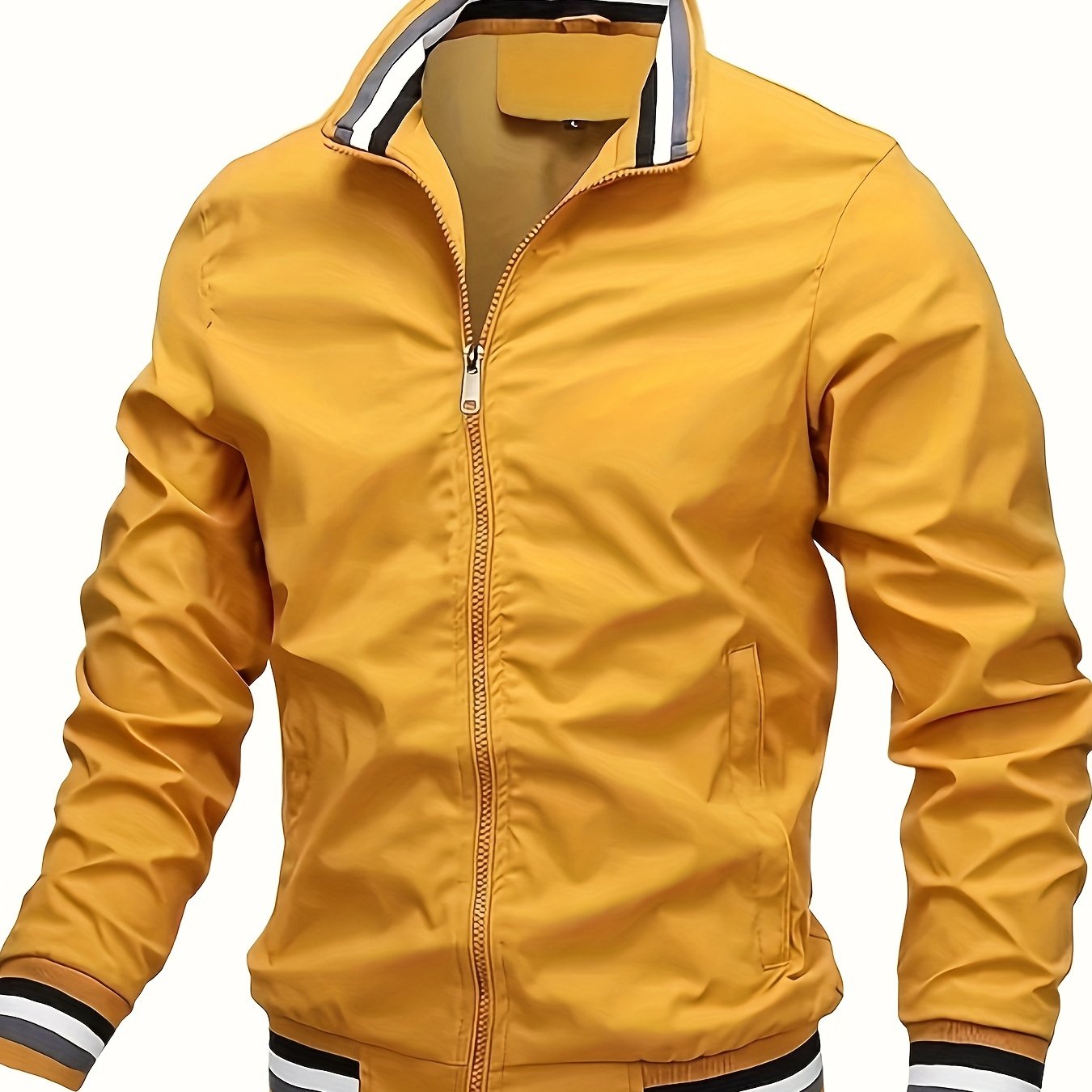 Men's Casual Long Sleeve Zipper Bomber Jacket with Pockets for outdoor activities and daily wear.