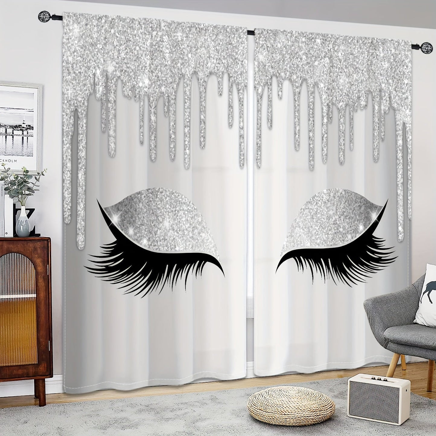 Set of two Eyelash Printed Curtains, Rod Pocket Window Treatments ideal for Bedroom, Office, Kitchen, Living Room, Study, and Home Decor. Enhance your room with stylish and aesthetic decorative curtains.