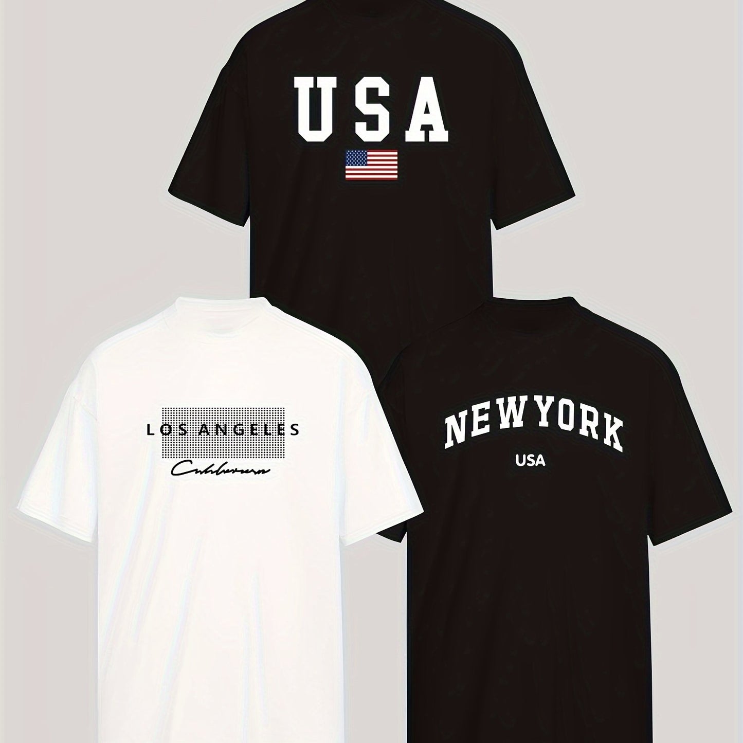 3 Fashion T-Shirts featuring Los Angeles, New York & USA prints - Crew neck, short sleeve tees for men & women. Made of breathable polyester blend, machine washable.