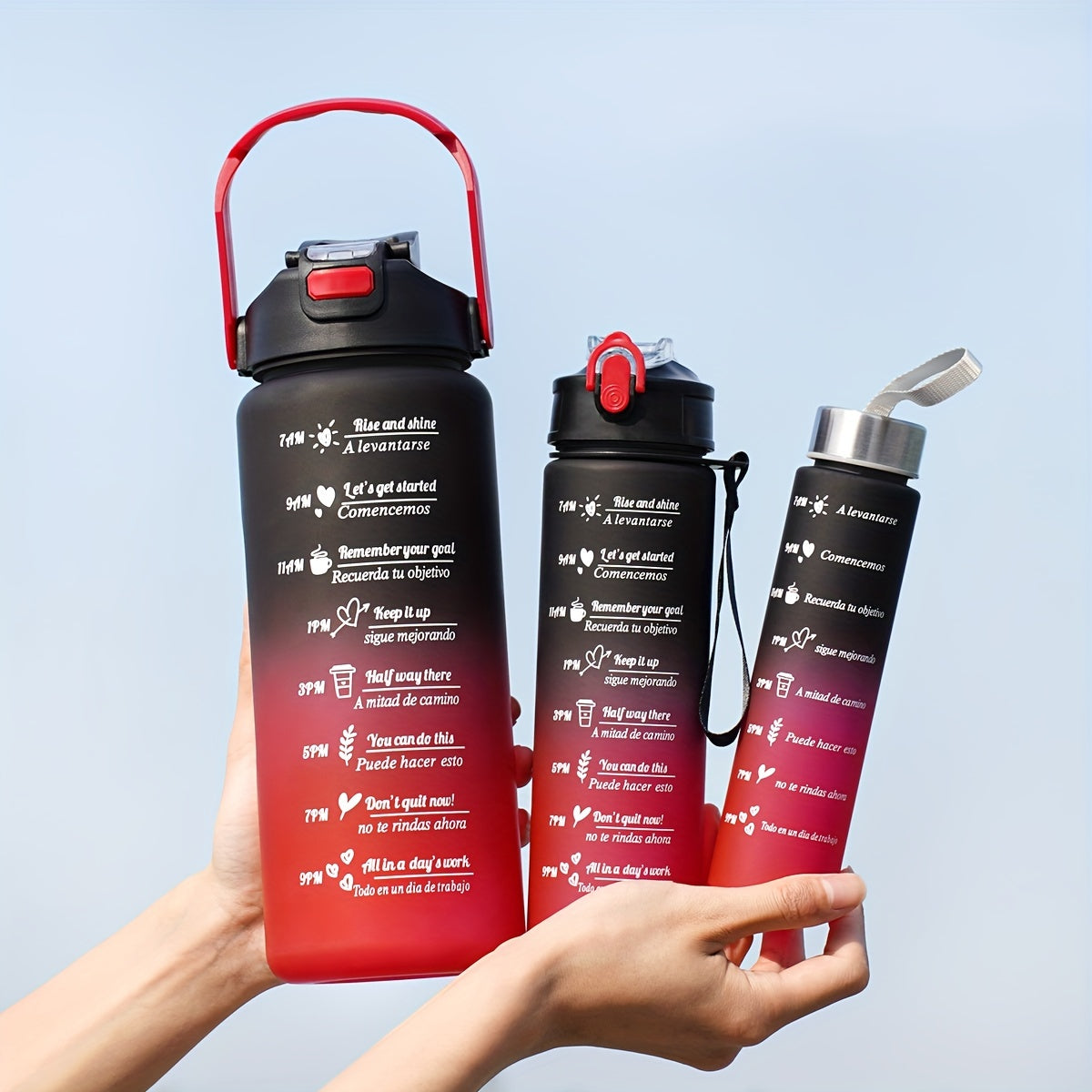 Motivational water bottle set for outdoor activities and fitness; ideal for camping, hiking, and birthday gifts.