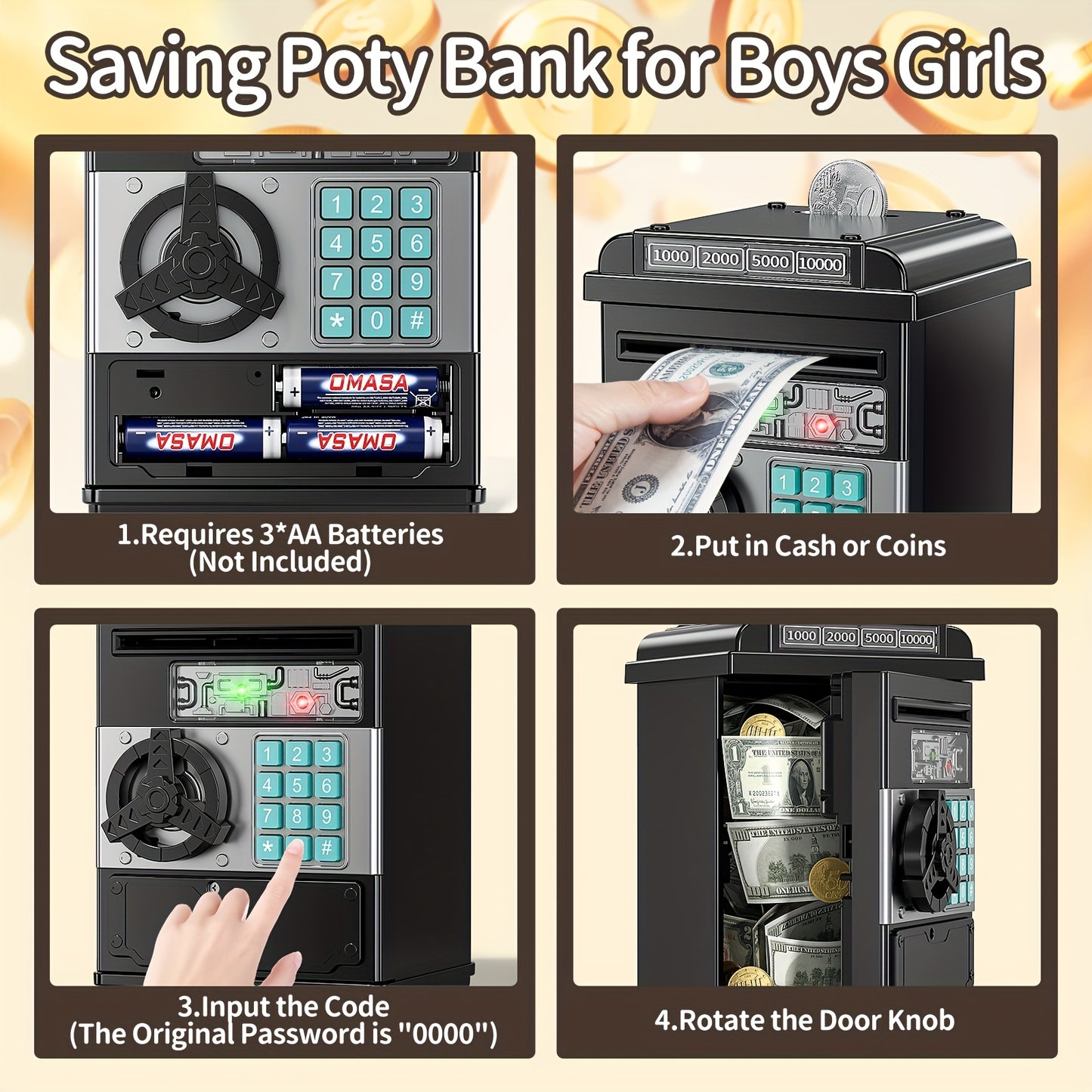 Youngsters ATM-Style Penny Bank with Scroll Paper Feature, Durable ABS Material, Black - Perfect Gift for Boys & Girls Ages 3+