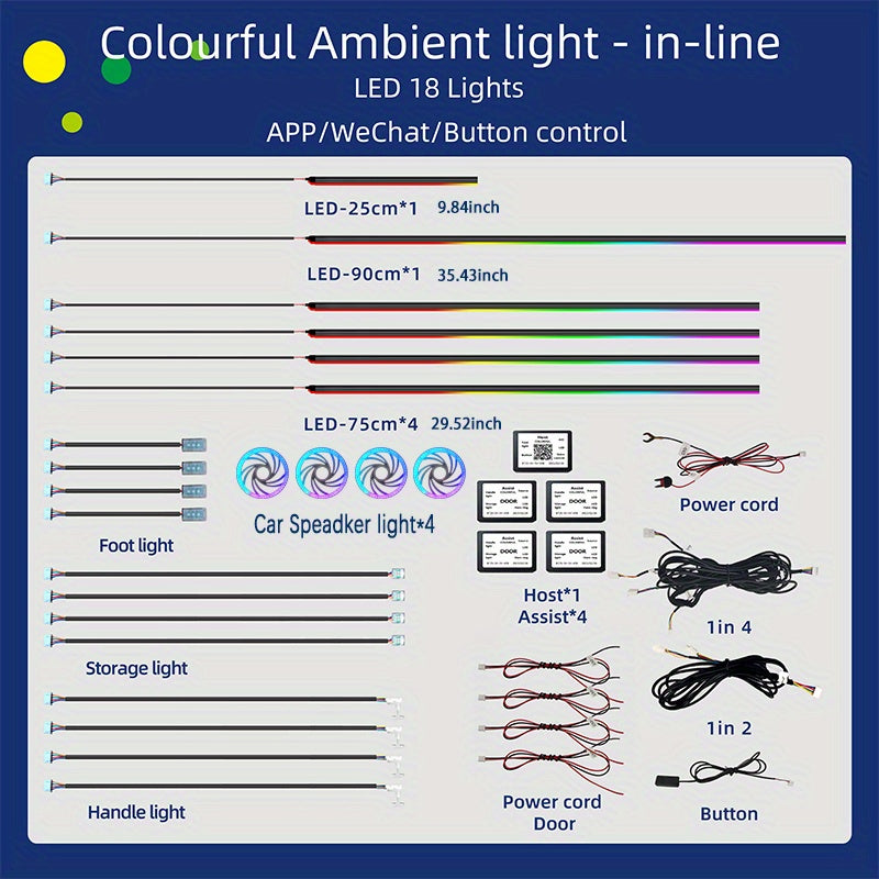 WRWD RGB Symphony LED Car Ambient Lights with App Control; Universal 12V interior decoration, multiple modes; Hard wiring, non-waterproof, no battery needed.