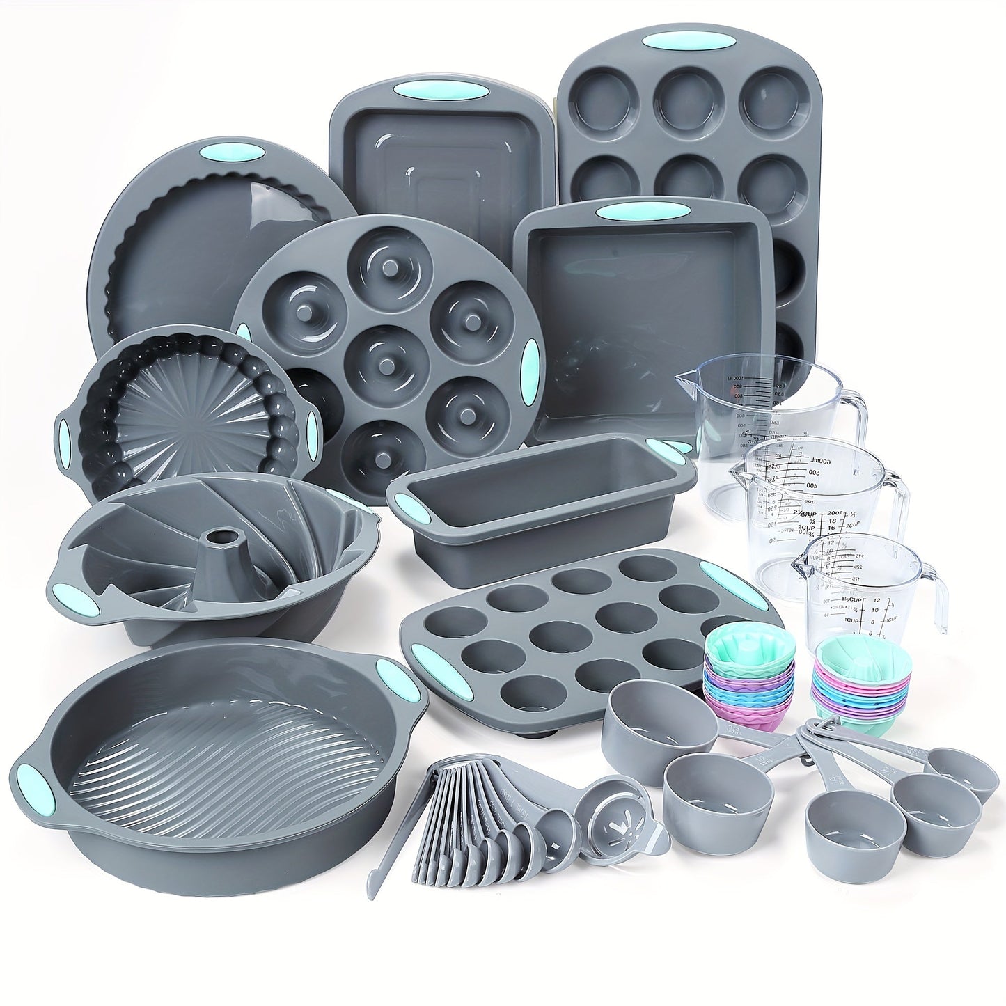 Silicone Baking Set with 45 Pieces including Nonstick Bakeware for Baking Cookies, Cakes, Muffins, and Breads. Set includes Loaf Pan, Cake Pan, Pizza Pan, Mini Cupcake Mold, Bundt Pan, Charlotte Cake Pan, and Measuring Cup and Spoon.