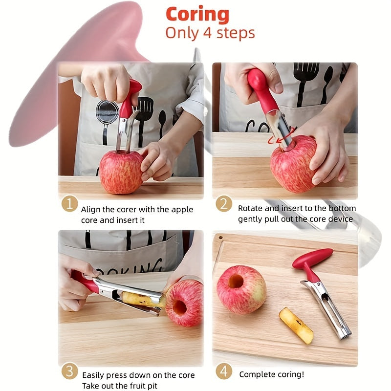 YUHUPHYLLIC Stainless Steel Apple Corer with ergonomic handle and sharp serrated blade for removing cores from various fruits. Manual operation, portable kitchen tool.