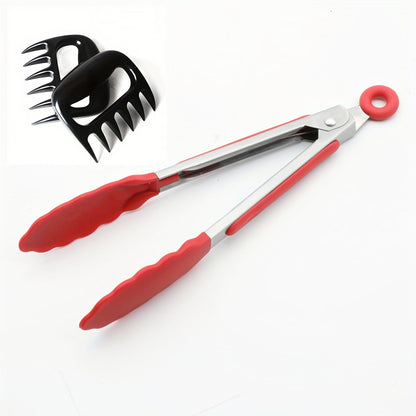 Set of 2 kitchen tongs made of stainless steel with silicone tips, along with a set of 3 meat shredder claws. These multipurpose accessories are perfect for BBQ and cooking tasks, made to handle both metal and plastic food processors.