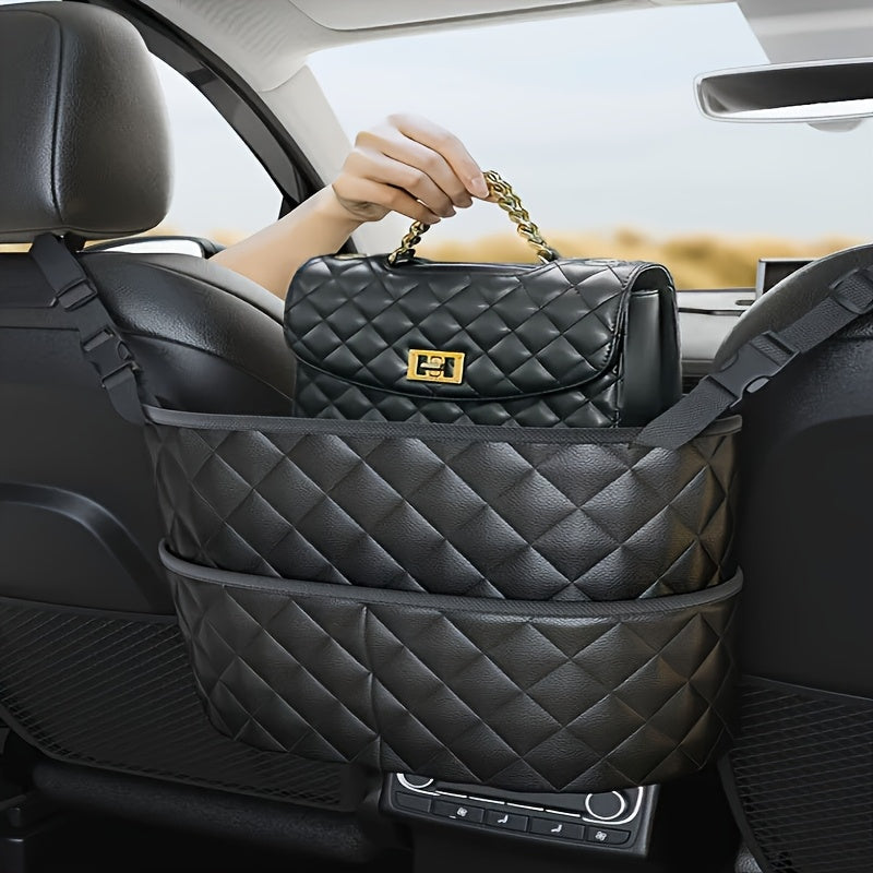 Durable faux leather organizer for car seats with large capacity, storage mesh bag, and hanging mount.