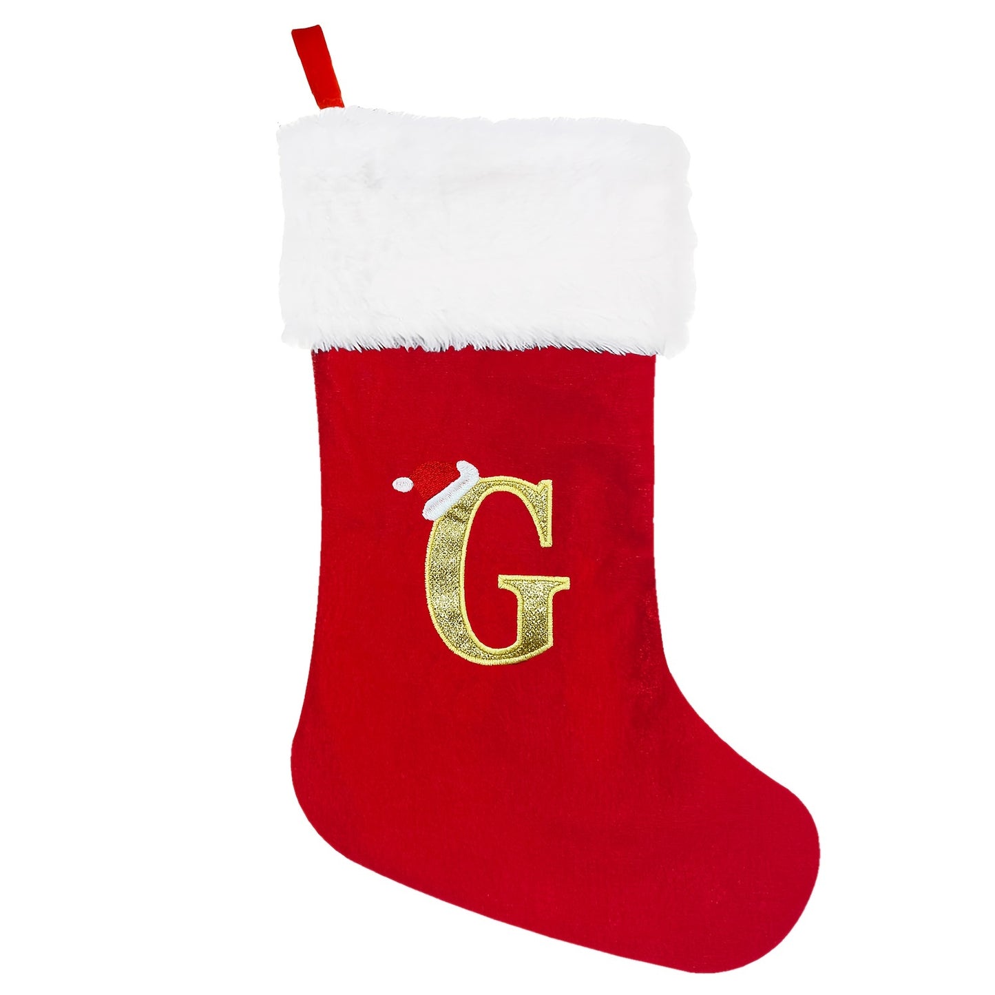 1 red velvet Christmas stocking with white plush cuffs, embroidered initial, 53.34 cm. Perfect for holiday parties and home decorations.