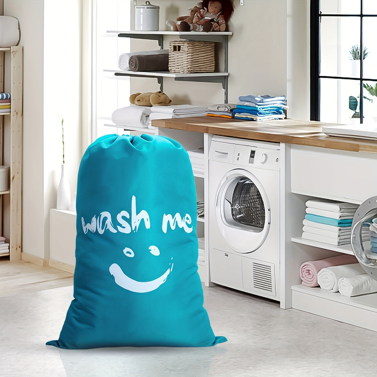 Easily washable travel laundry bag made from durable nylon fabric. Features a cylindrical design with a drawstring closure to keep dirty clothes organized. Conveniently fits in laundry hamper or basket, perfect for on-the-go laundry needs.