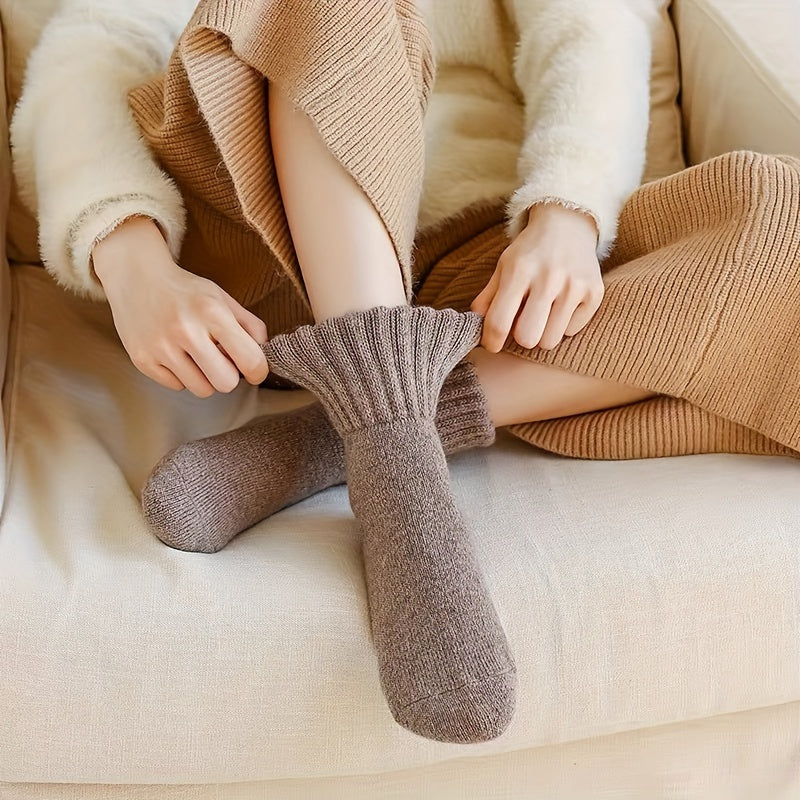 5 cozy winter socks for women in beige and brown, mid-calf length, soft polyester blend, ideal for cold weather.