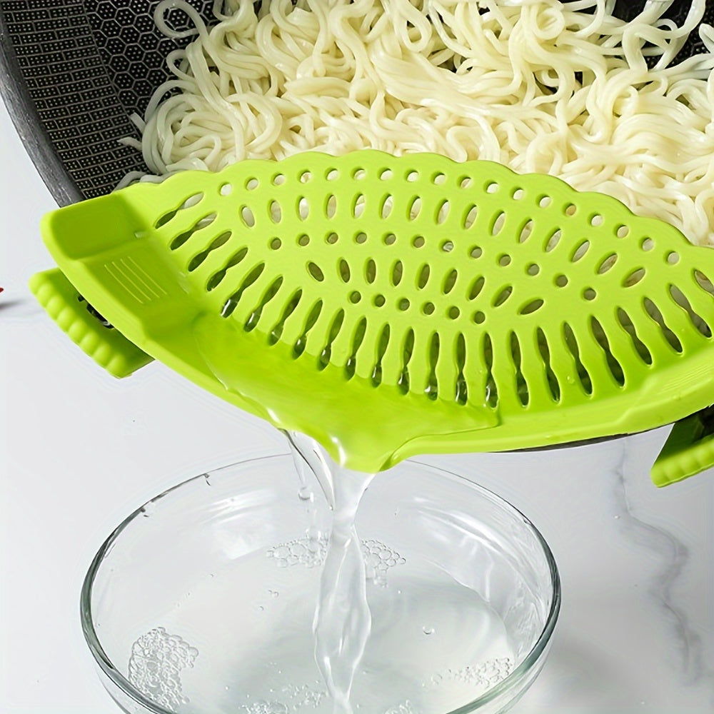 Silicone Strainer Clip for Pots and Pans - a versatile tool for straining pasta, meat, vegetables, and fruits in the kitchen. Ideal for use as a clip-on food strainer or silicone colander.