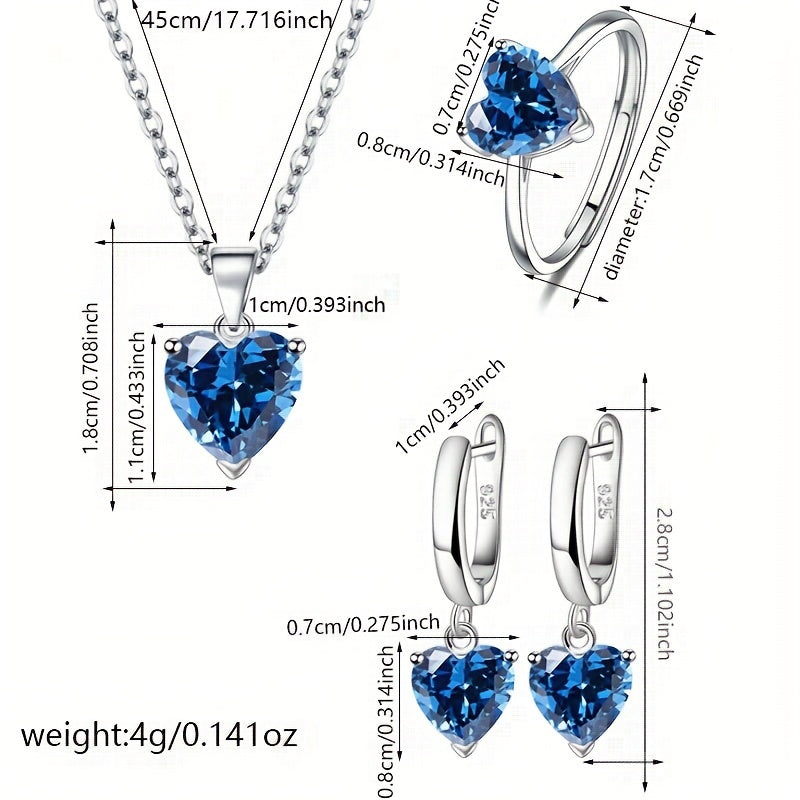 Elegant Christmas Wedding Bridal Jewelry Set for Women - 925 Sterling Silver Heart-Shaped Blue Zirconia Ring, Earrings, and Necklace