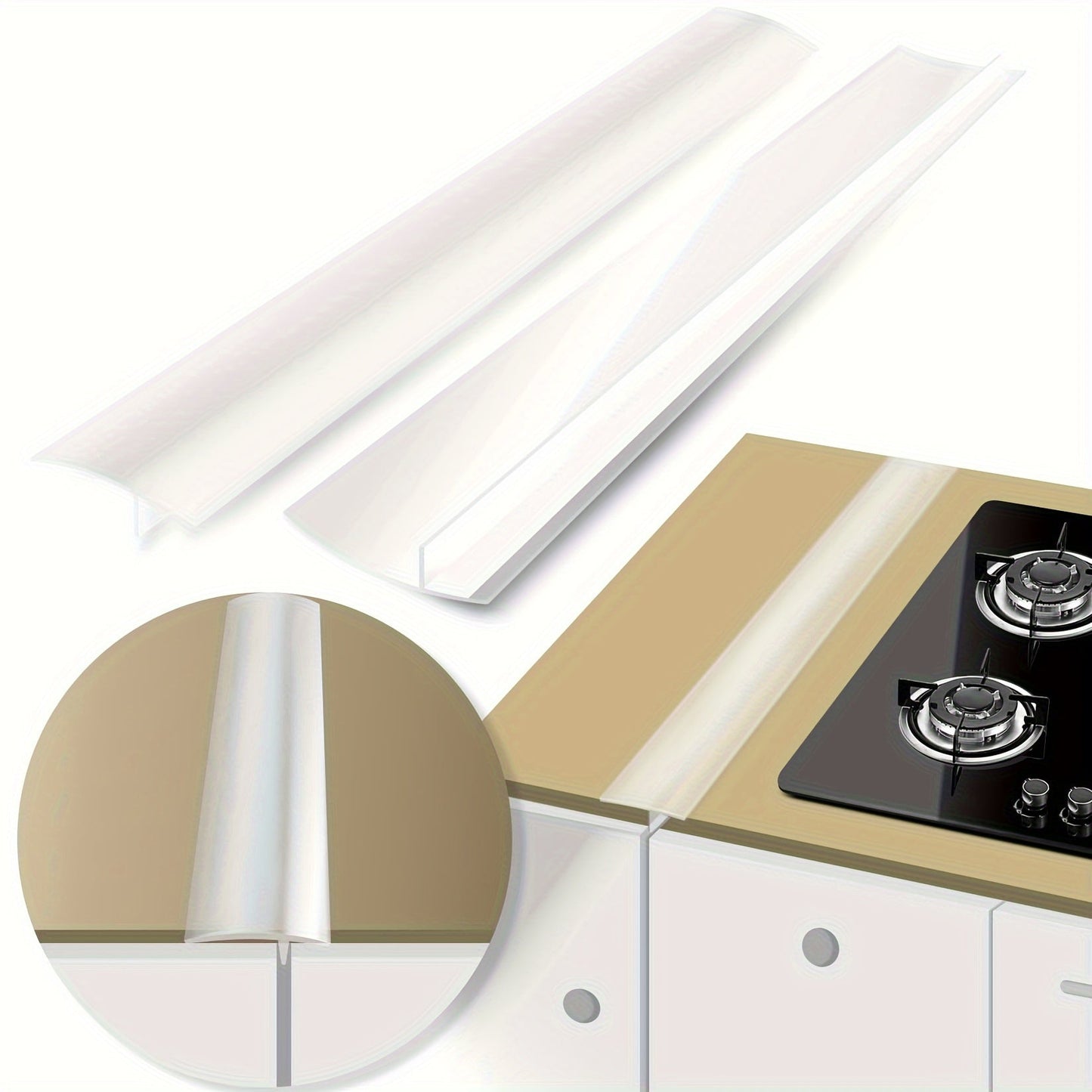 Two pieces of silicone stove gap covers that are heat resistant and easy to clean. Suitable for spaces measuring 53.34/63.5/76.2cm, these covers can be used on kitchen counters and stovetops to guard against spills. Available in black, white, and