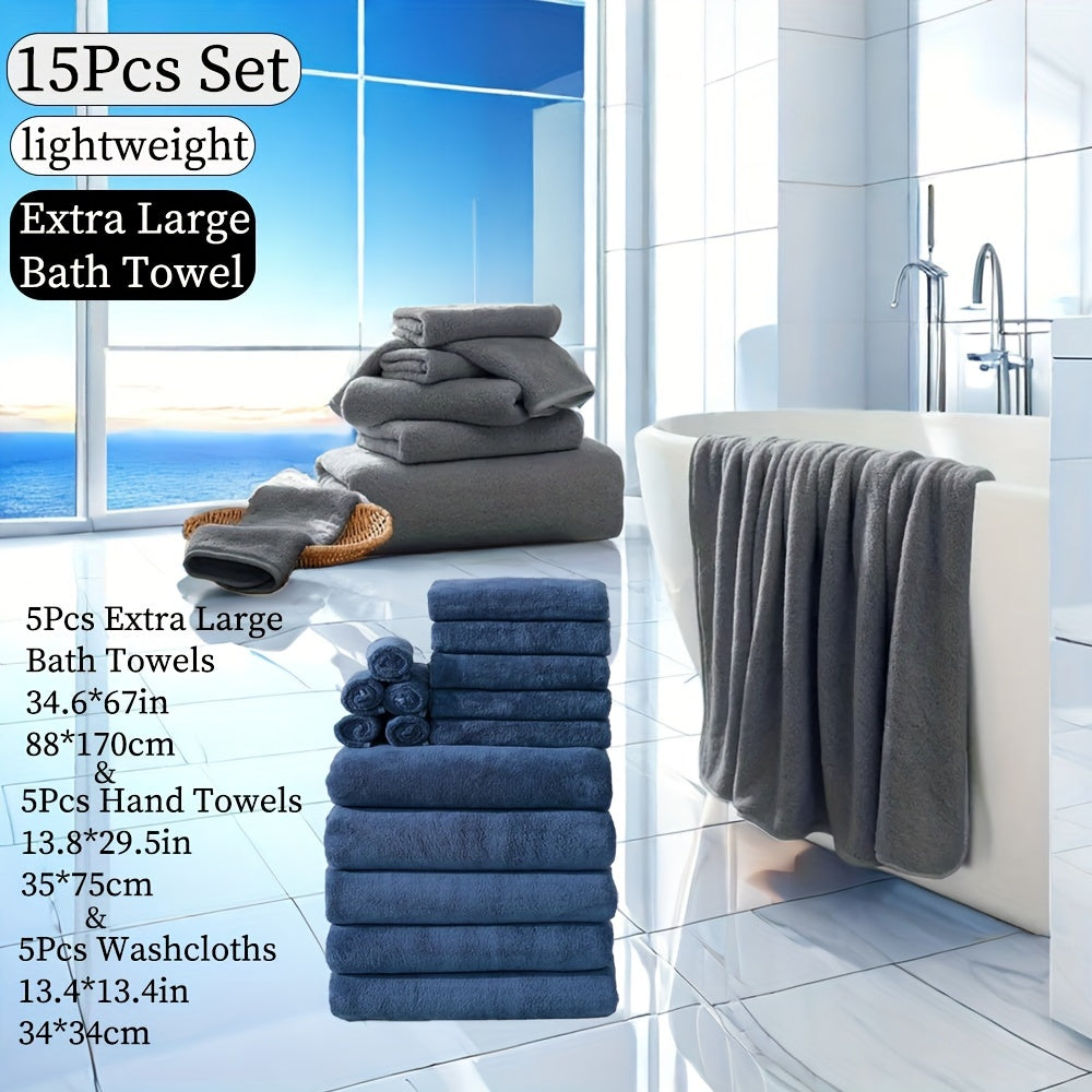 15-piece ultra-soft microfiber towel set in multiple colors, ideal for home and hotel showers.