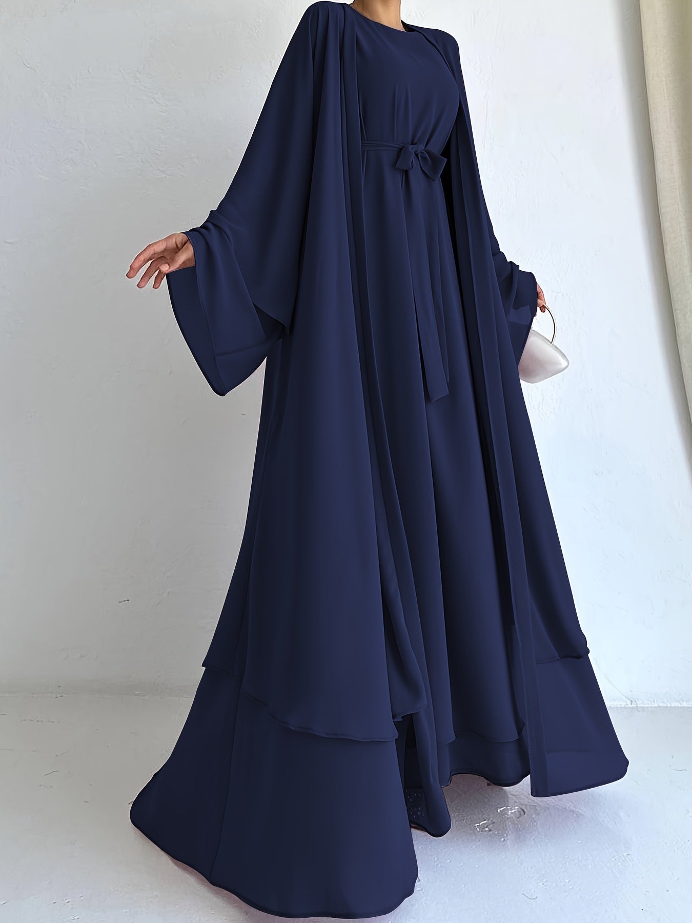 Stylish Navy Blue Chiffon Dress with Waist Belt - Traditional yet Lightweight, Perfect for Women All-Year Round