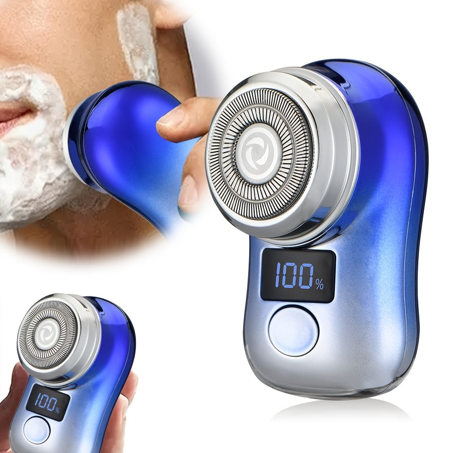 Compact and portable men's electric shaver with USB charging and digital display, perfect for business trips and as a holiday gift.