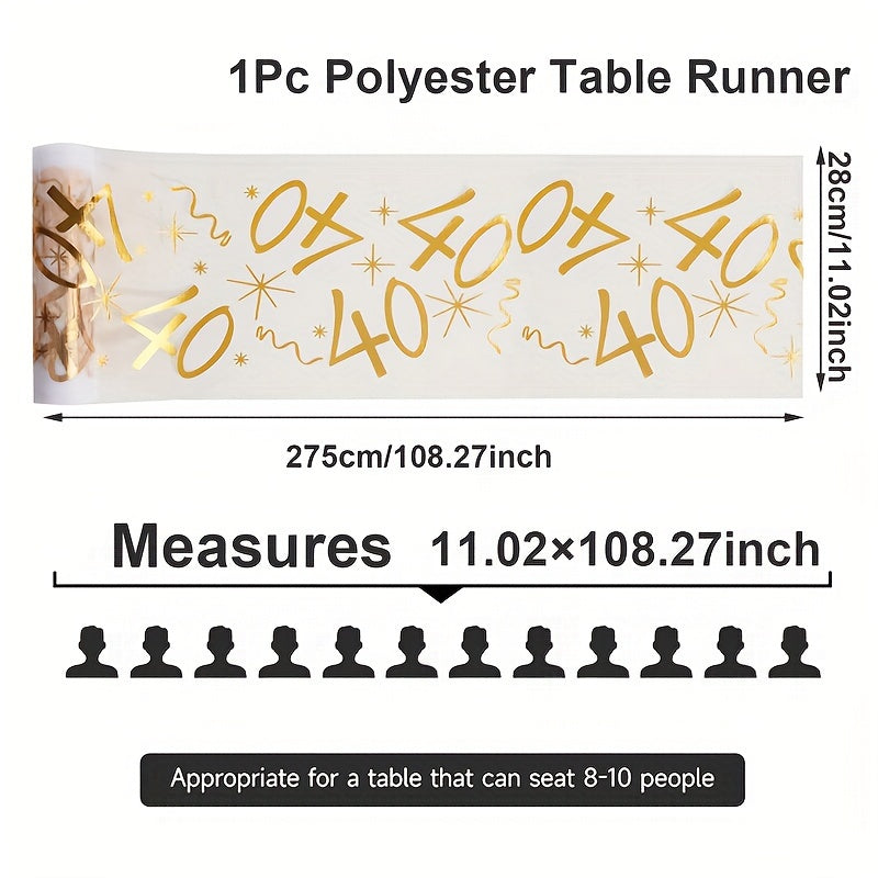 Polyester table runner with golden stamping for milestone celebrations. Perfect for anniversaries, retirement parties, and milestone birthdays. Comes in a rectangular shape.