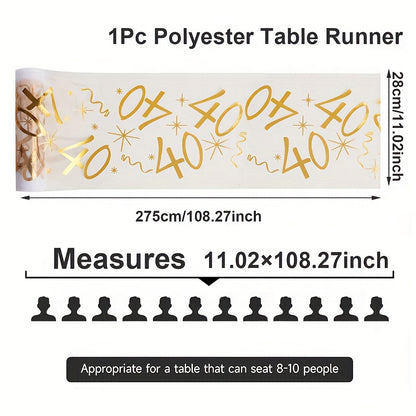 Polyester table runner with golden stamping for milestone celebrations. Perfect for anniversaries, retirement parties, and milestone birthdays. Comes in a rectangular shape.