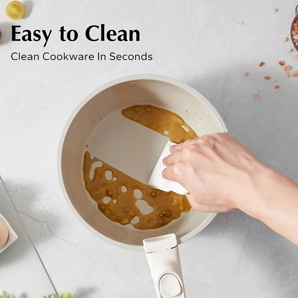 Set of 5 Aluminum Non-Stick Cookware Pieces with Detachable Handle, Free of PFOA, Suitable for Use on All Stovetops.