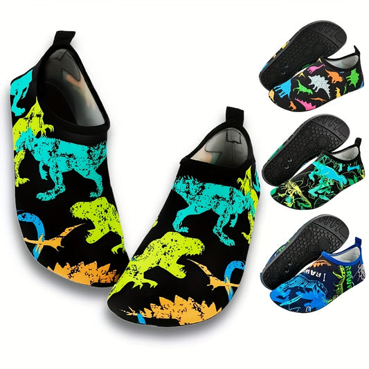 Toddler Boys Dinosaur Beach Shoes, Lightweight Water Shoes for Swimming and Surfing, in Black and Blue for Little Kids and Big Kids.