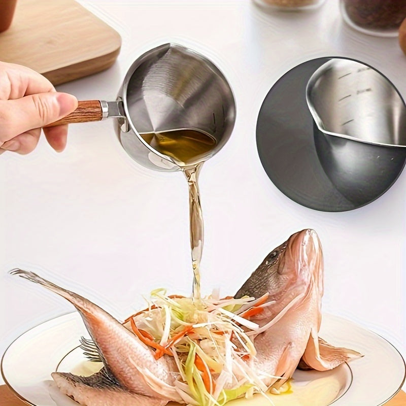 Small butter warmer made of stainless steel with a wooden handle - Ideal for melting chocolate, cheese, caramel, and candy - Simple to clean, heat-resistant kitchen tool