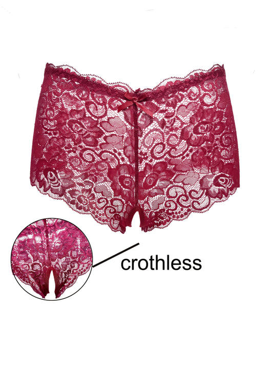 Valentine's Day lace open-crotch panties for women in red with bow details.