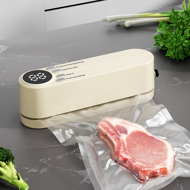 Compact vacuum sealer with USB charging, 1200mAh battery, ideal for home and outdoor use. Versatile for both vacuum sealing and inflation. Space-saving and suitable for preserving various