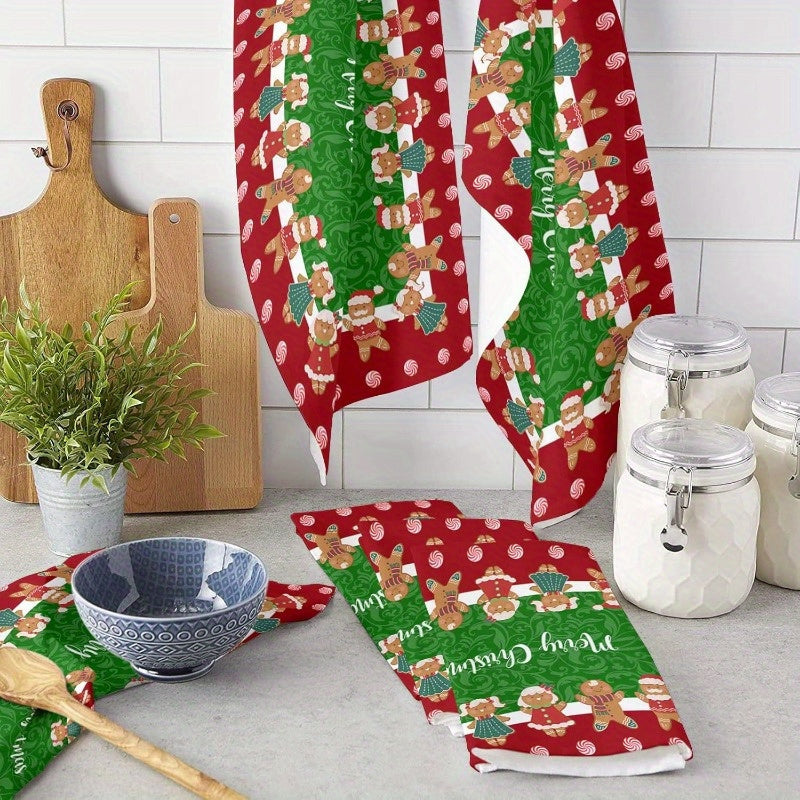 A set of 2 kitchen towels measuring 45.72 x 66.04 cm each, featuring a festive Christmas party decoration design. These towels are reusable and perfect for holiday gift-giving. The design includes Merry Christmas text, gingerbread men, and candy cane