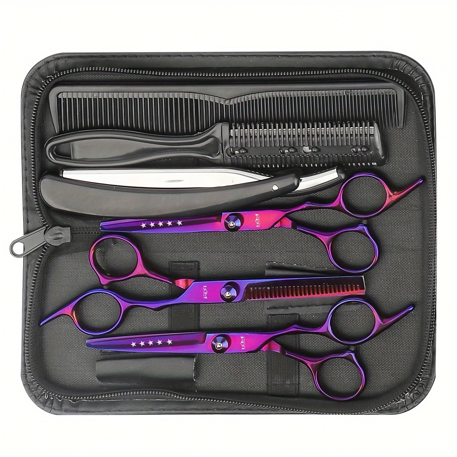 TINMARDA 7pcs Professional Hair Styling Kit includes vibrant clippers, scissors, and thinning shears in a black case, perfect for all hair types. Ideal for home barbers and stylists.