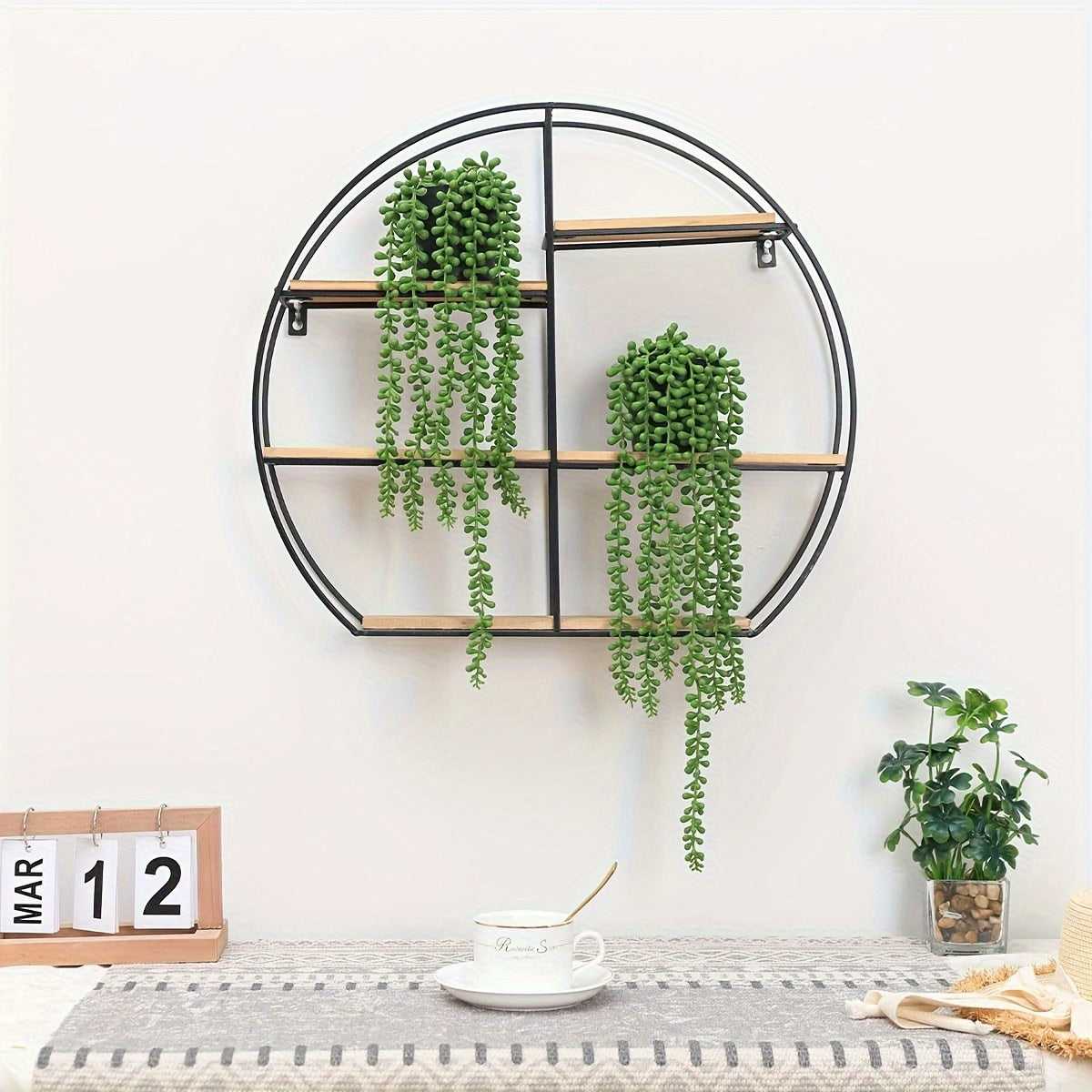 1pc Faux Succulent Hanging Plant with Pearl String Greenery, Metal Wall-Mounted Shelf for Home & Garden Decor, Indoor/Outdoor Use