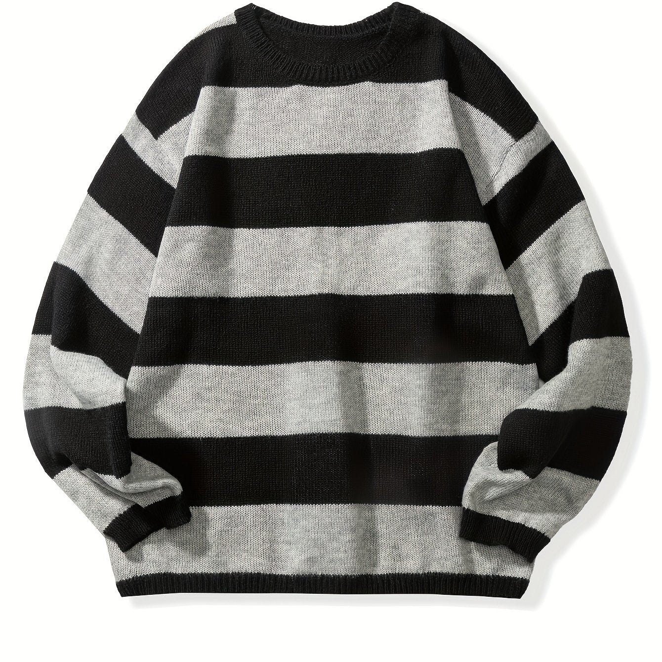 Men's Striped Pullover Sweater, Spring/Autumn Thin Polyester Knit, Round Neck, Stretchy Fabric, Regular Fit