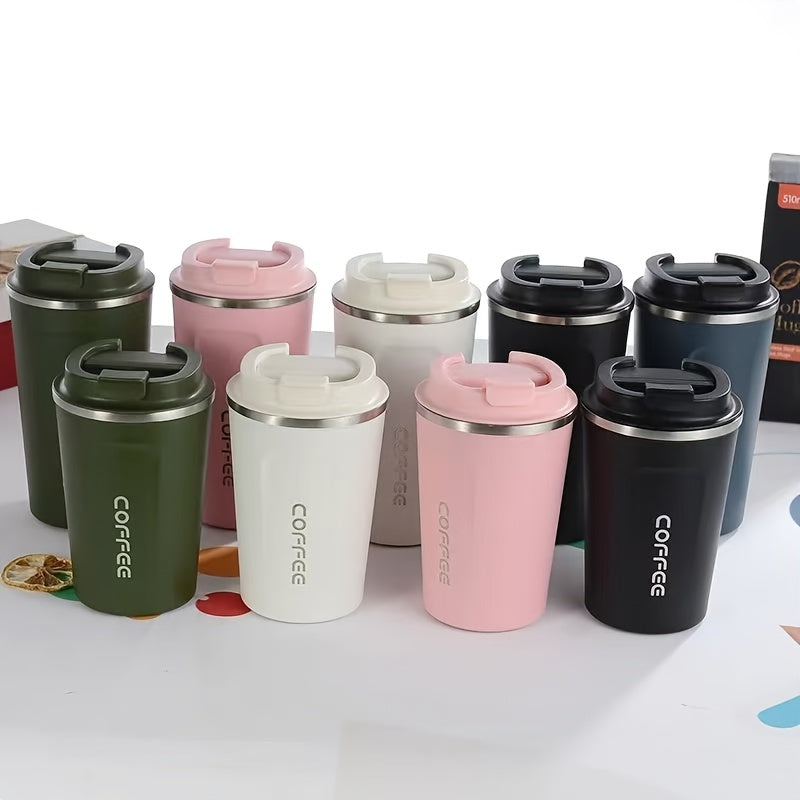 Vacuum-insulated stainless steel travel coffee mug in tumbler style, leakproof, reusable, hand wash only, 380ml/510ml, unstable cup.