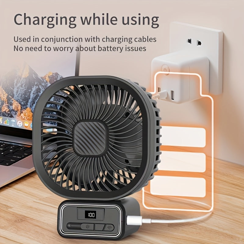 Stay cool with the YAIAWISU Portable Desktop Fan featuring a tripod stand for easy placement, USB rechargeable 5000mAh battery, 3-speed settings, LED display and lighting, and a compact design. Perfect for use indoors or outdoors during the summer