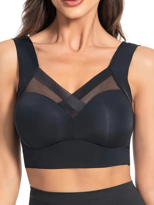 Seamless mesh wireless tank bra with contrast, comfy push up style for women's lingerie.