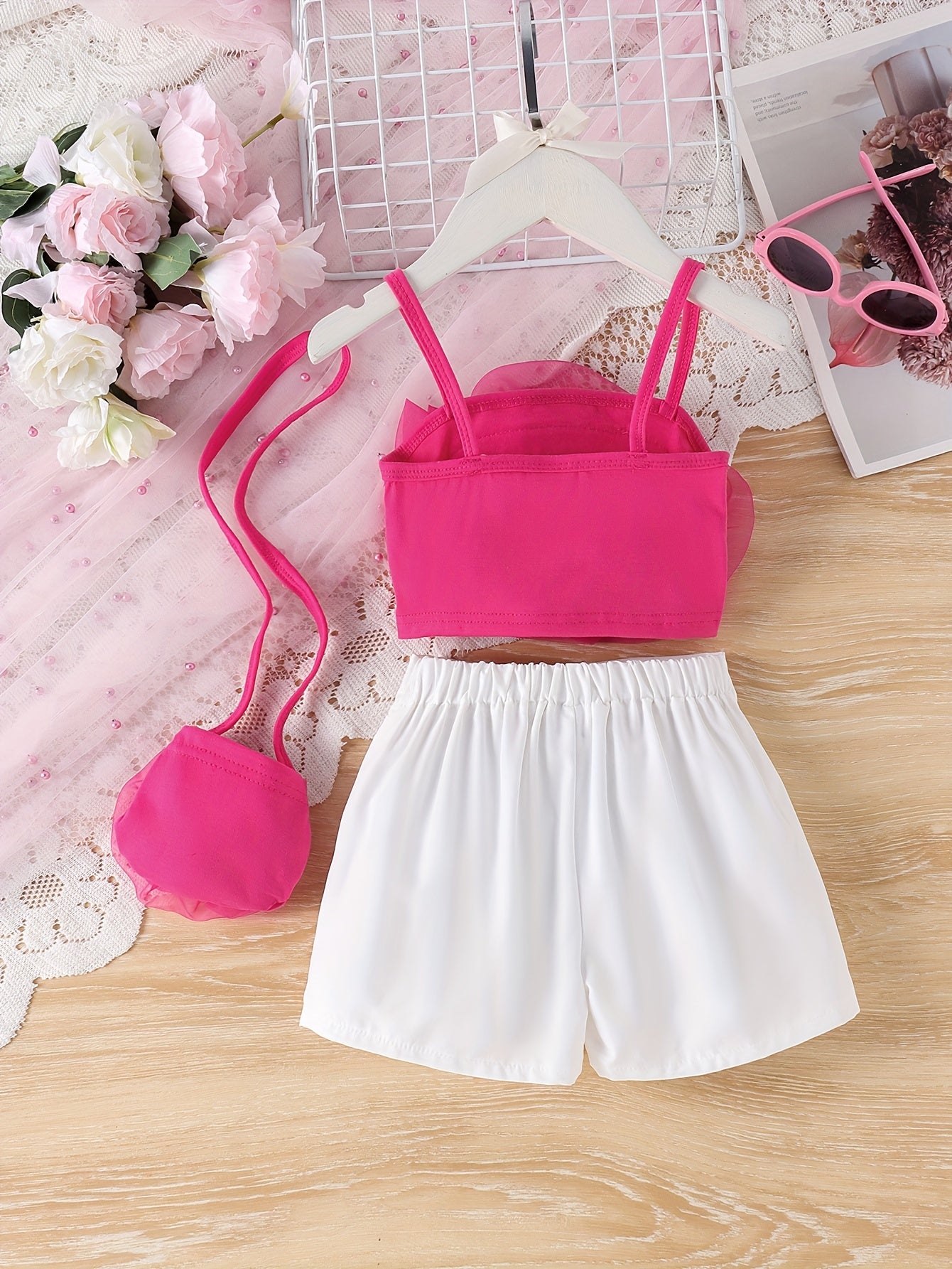 3 piece girls outfit set with cute rose decor camisole and bow skirt, perfect for summer and casual outings.