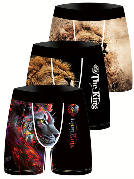 3 Men's Golden Lion Digital Print Boxer Briefs in Stretchy, Breathable Polyester with Elastic Waistband & Vivid Designs for Everyday Comfort