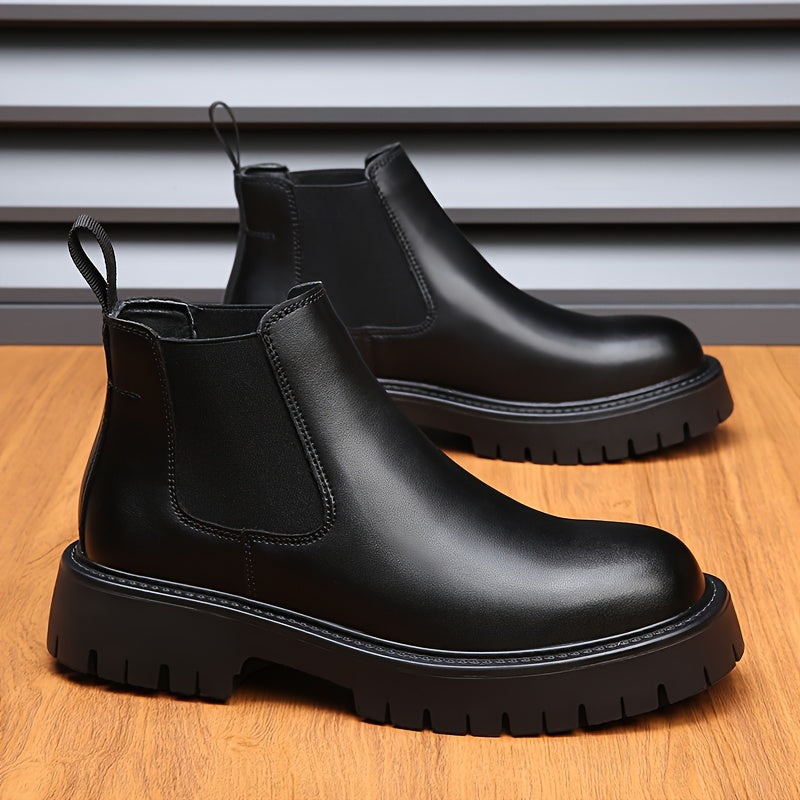 Men's Winter Boots - Fleece-Lined Slip-On Ankle Boots with Round Toe & Rubber Sole, Black Synthetic